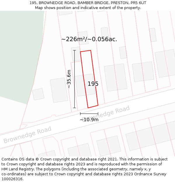 195, BROWNEDGE ROAD, BAMBER BRIDGE, PRESTON, PR5 6UT: Plot and title map