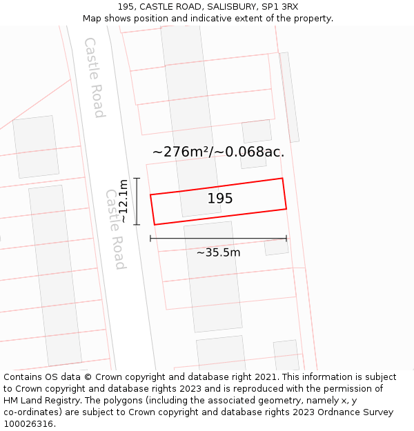 195, CASTLE ROAD, SALISBURY, SP1 3RX: Plot and title map