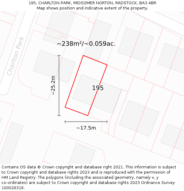 195, CHARLTON PARK, MIDSOMER NORTON, RADSTOCK, BA3 4BR: Plot and title map