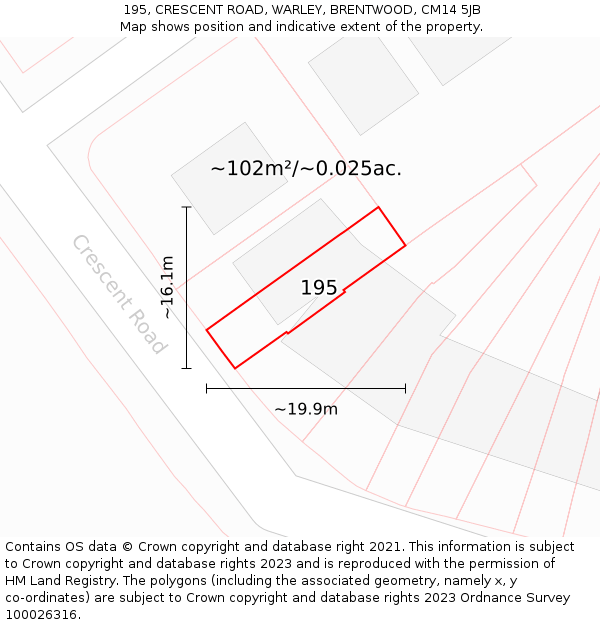 195, CRESCENT ROAD, WARLEY, BRENTWOOD, CM14 5JB: Plot and title map