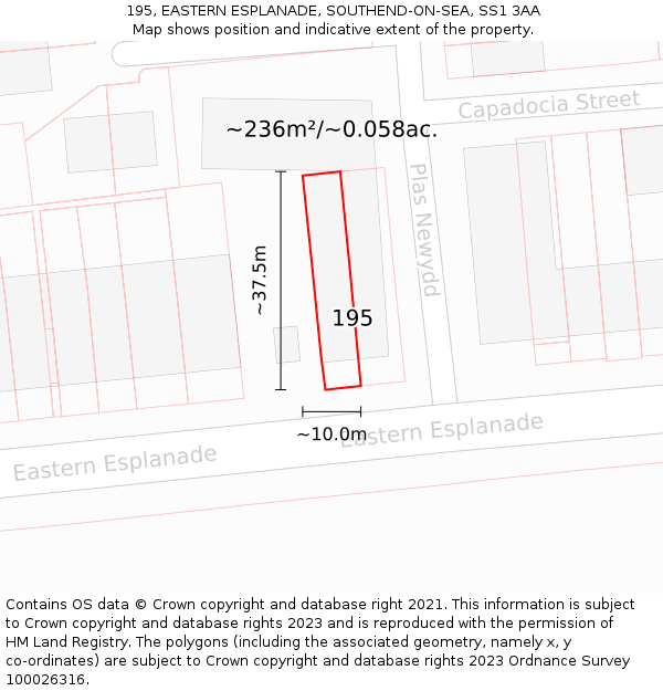 195, EASTERN ESPLANADE, SOUTHEND-ON-SEA, SS1 3AA: Plot and title map