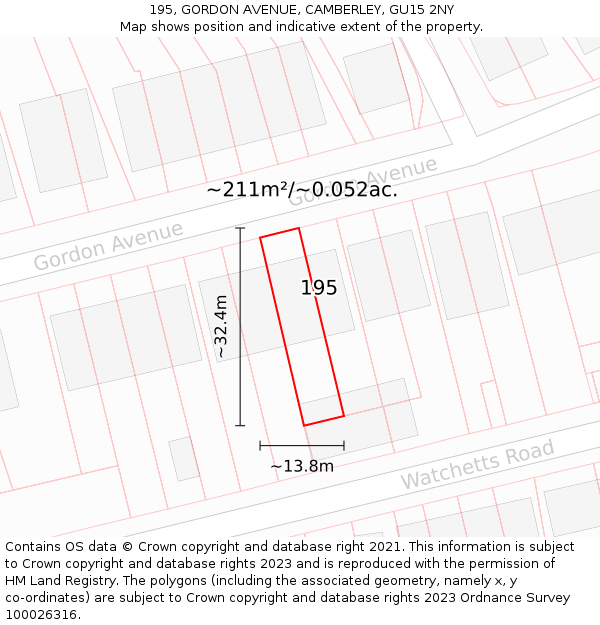 195, GORDON AVENUE, CAMBERLEY, GU15 2NY: Plot and title map