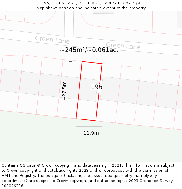 195, GREEN LANE, BELLE VUE, CARLISLE, CA2 7QW: Plot and title map