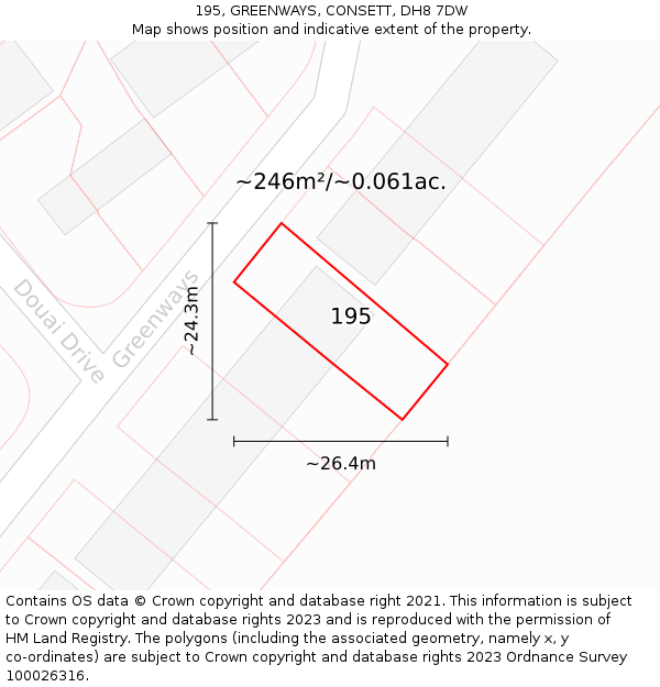 195, GREENWAYS, CONSETT, DH8 7DW: Plot and title map