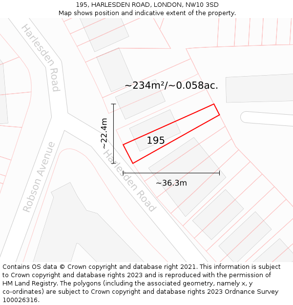 195, HARLESDEN ROAD, LONDON, NW10 3SD: Plot and title map