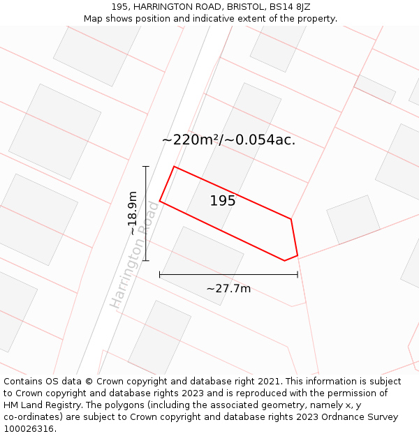 195, HARRINGTON ROAD, BRISTOL, BS14 8JZ: Plot and title map