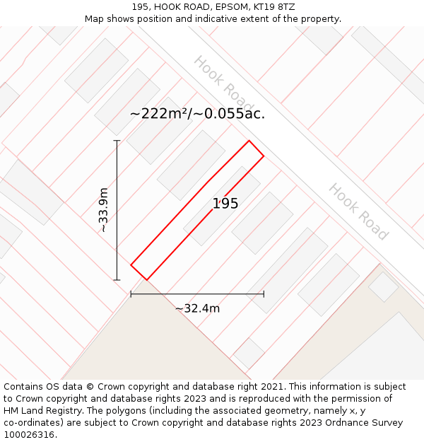 195, HOOK ROAD, EPSOM, KT19 8TZ: Plot and title map