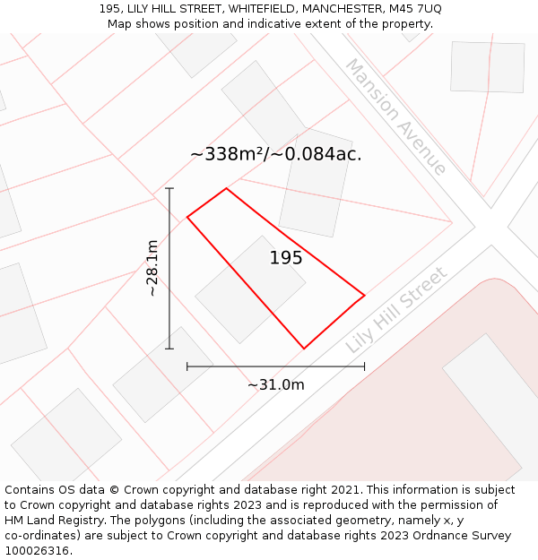 195, LILY HILL STREET, WHITEFIELD, MANCHESTER, M45 7UQ: Plot and title map
