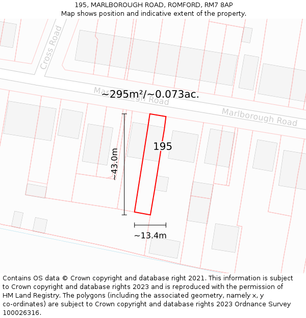 195, MARLBOROUGH ROAD, ROMFORD, RM7 8AP: Plot and title map