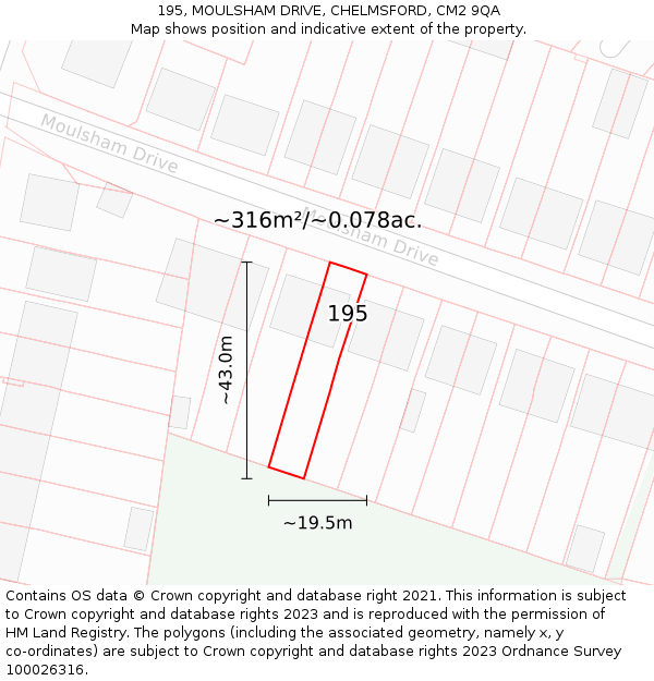 195, MOULSHAM DRIVE, CHELMSFORD, CM2 9QA: Plot and title map