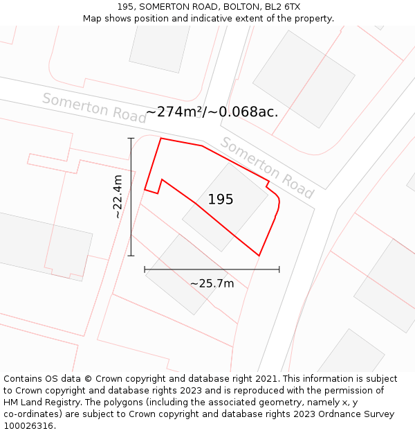195, SOMERTON ROAD, BOLTON, BL2 6TX: Plot and title map
