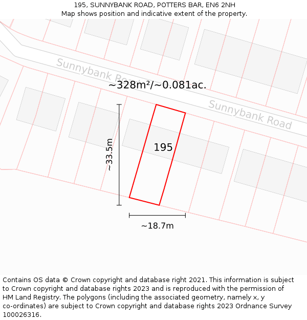 195, SUNNYBANK ROAD, POTTERS BAR, EN6 2NH: Plot and title map