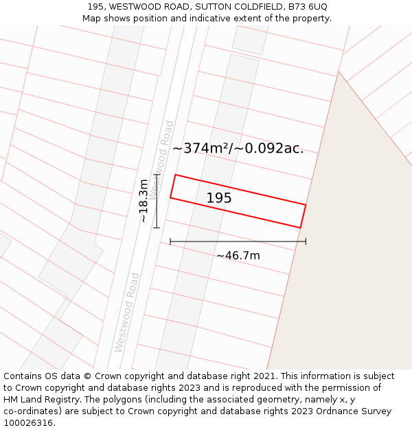 195, WESTWOOD ROAD, SUTTON COLDFIELD, B73 6UQ: Plot and title map