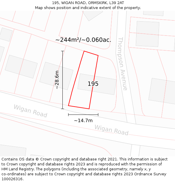 195, WIGAN ROAD, ORMSKIRK, L39 2AT: Plot and title map