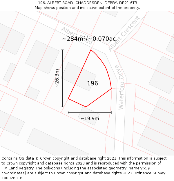 196, ALBERT ROAD, CHADDESDEN, DERBY, DE21 6TB: Plot and title map