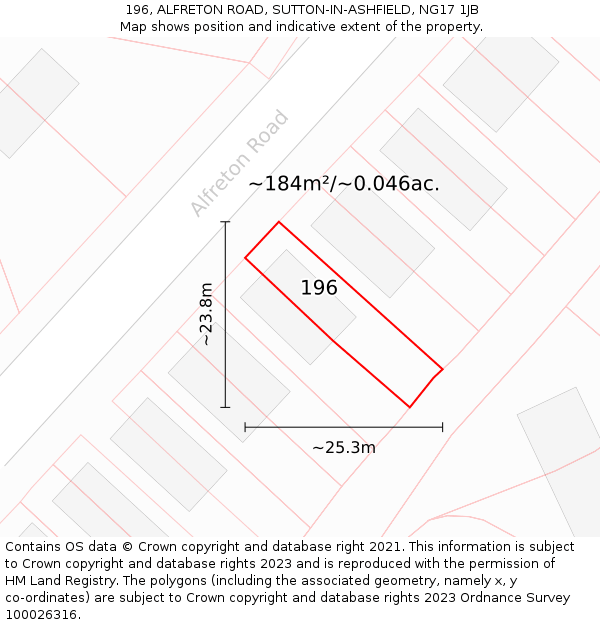 196, ALFRETON ROAD, SUTTON-IN-ASHFIELD, NG17 1JB: Plot and title map