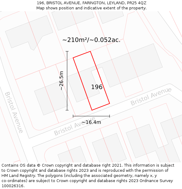 196, BRISTOL AVENUE, FARINGTON, LEYLAND, PR25 4QZ: Plot and title map