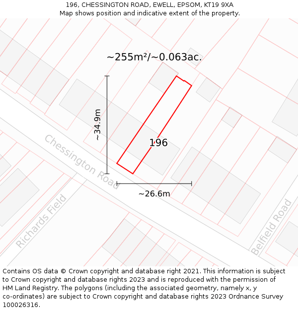 196, CHESSINGTON ROAD, EWELL, EPSOM, KT19 9XA: Plot and title map
