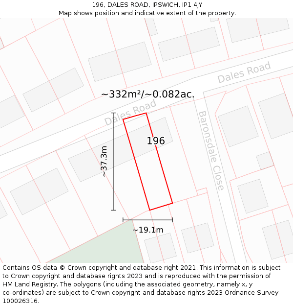 196, DALES ROAD, IPSWICH, IP1 4JY: Plot and title map