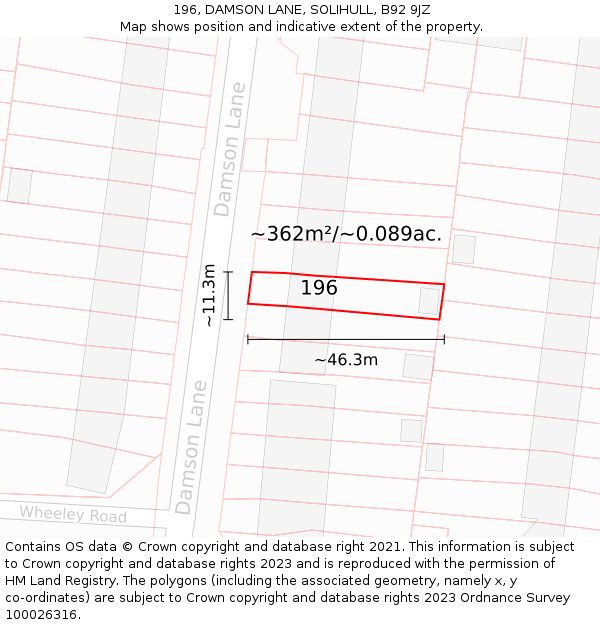 196, DAMSON LANE, SOLIHULL, B92 9JZ: Plot and title map