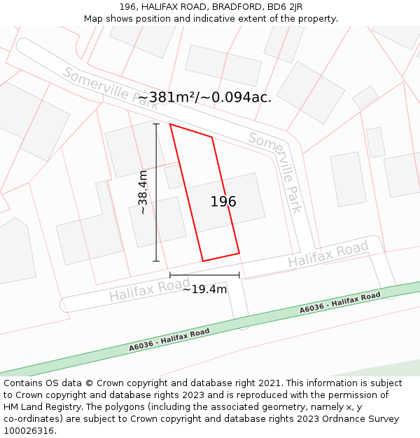 196, HALIFAX ROAD, BRADFORD, BD6 2JR: Plot and title map