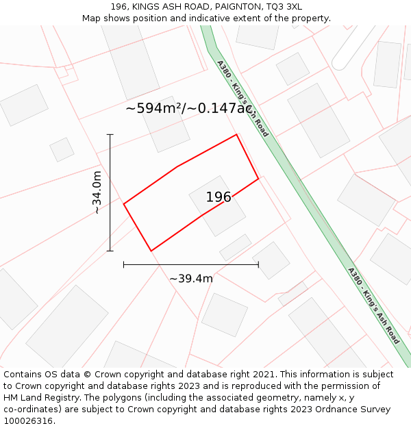 196, KINGS ASH ROAD, PAIGNTON, TQ3 3XL: Plot and title map