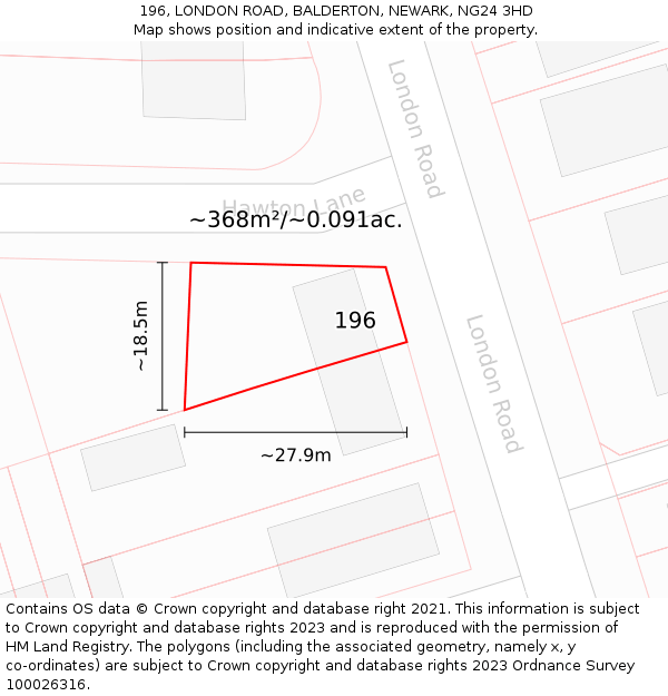 196, LONDON ROAD, BALDERTON, NEWARK, NG24 3HD: Plot and title map