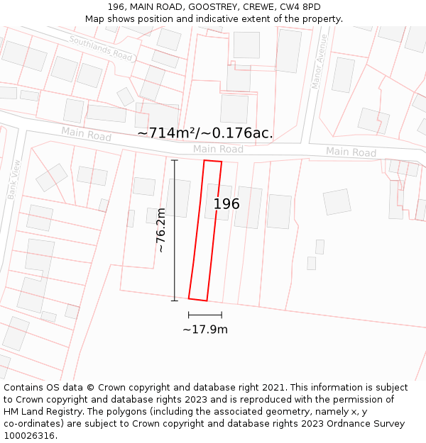 196, MAIN ROAD, GOOSTREY, CREWE, CW4 8PD: Plot and title map