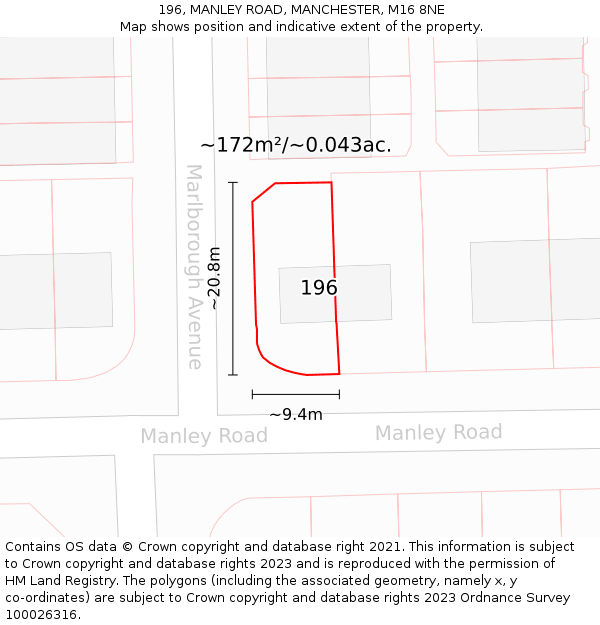 196, MANLEY ROAD, MANCHESTER, M16 8NE: Plot and title map
