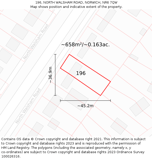196, NORTH WALSHAM ROAD, NORWICH, NR6 7QW: Plot and title map