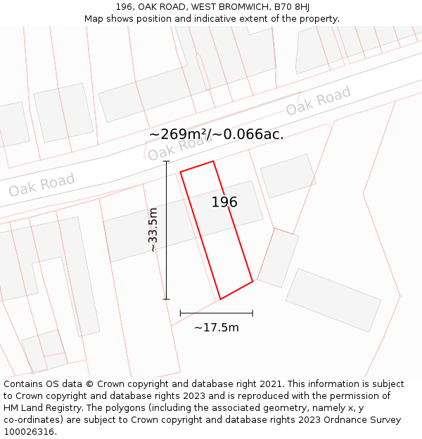 196, OAK ROAD, WEST BROMWICH, B70 8HJ: Plot and title map