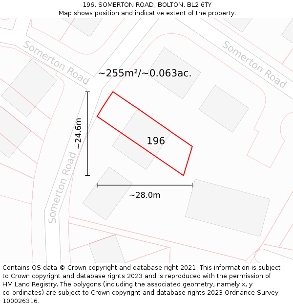 196, SOMERTON ROAD, BOLTON, BL2 6TY: Plot and title map