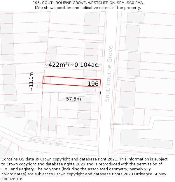 196, SOUTHBOURNE GROVE, WESTCLIFF-ON-SEA, SS0 0AA: Plot and title map