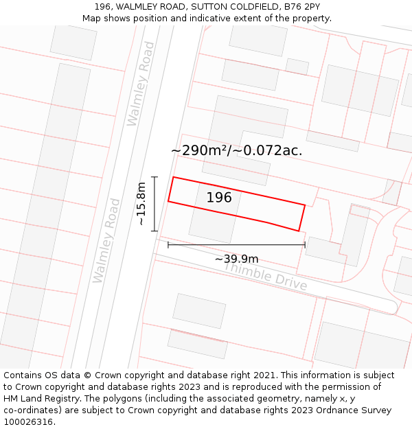 196, WALMLEY ROAD, SUTTON COLDFIELD, B76 2PY: Plot and title map