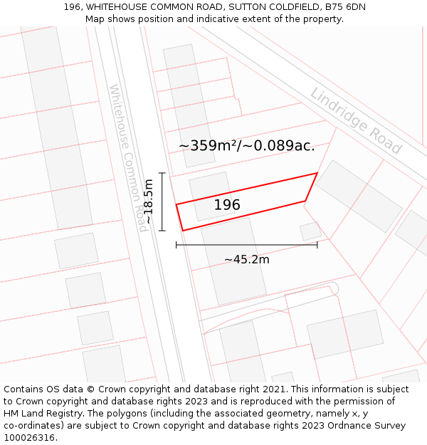 196, WHITEHOUSE COMMON ROAD, SUTTON COLDFIELD, B75 6DN: Plot and title map