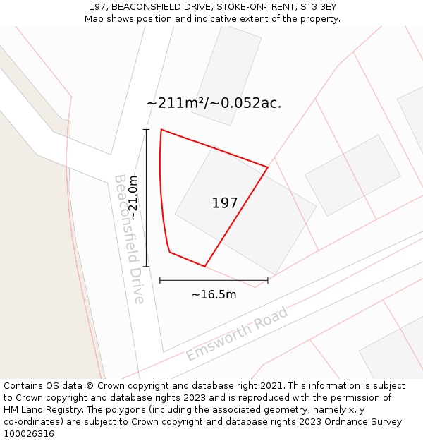 197, BEACONSFIELD DRIVE, STOKE-ON-TRENT, ST3 3EY: Plot and title map