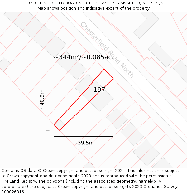 197, CHESTERFIELD ROAD NORTH, PLEASLEY, MANSFIELD, NG19 7QS: Plot and title map