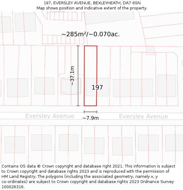 197, EVERSLEY AVENUE, BEXLEYHEATH, DA7 6SN: Plot and title map