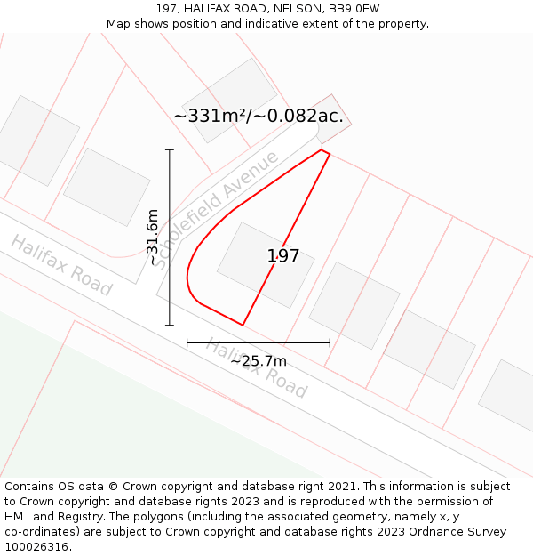 197, HALIFAX ROAD, NELSON, BB9 0EW: Plot and title map