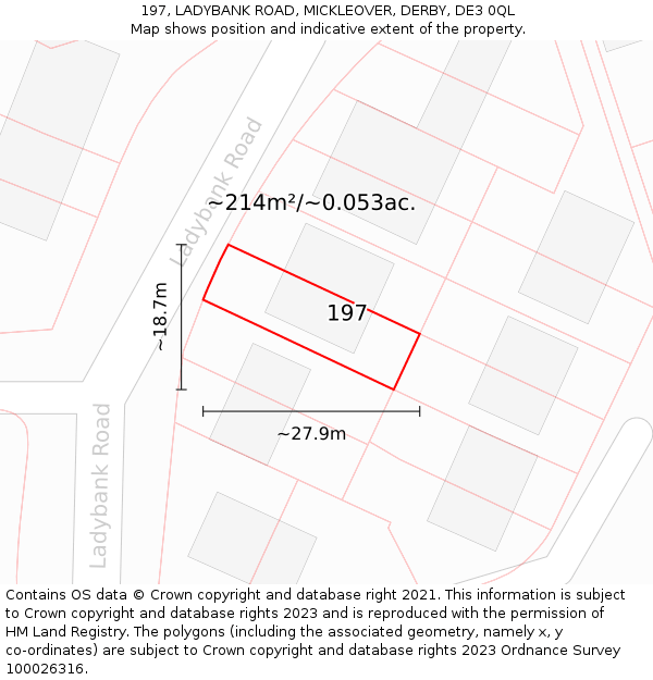 197, LADYBANK ROAD, MICKLEOVER, DERBY, DE3 0QL: Plot and title map