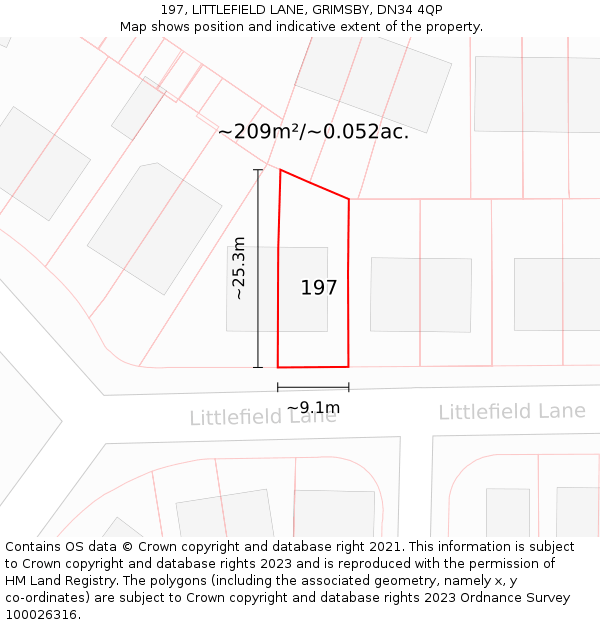 197, LITTLEFIELD LANE, GRIMSBY, DN34 4QP: Plot and title map