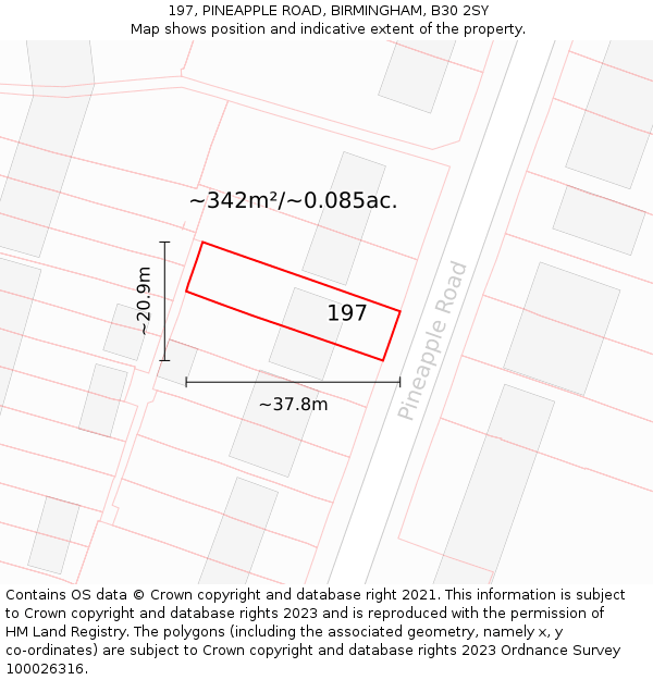 197, PINEAPPLE ROAD, BIRMINGHAM, B30 2SY: Plot and title map