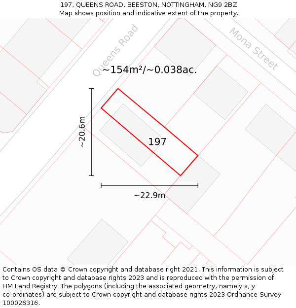 197, QUEENS ROAD, BEESTON, NOTTINGHAM, NG9 2BZ: Plot and title map