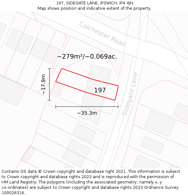 197, SIDEGATE LANE, IPSWICH, IP4 4JN: Plot and title map