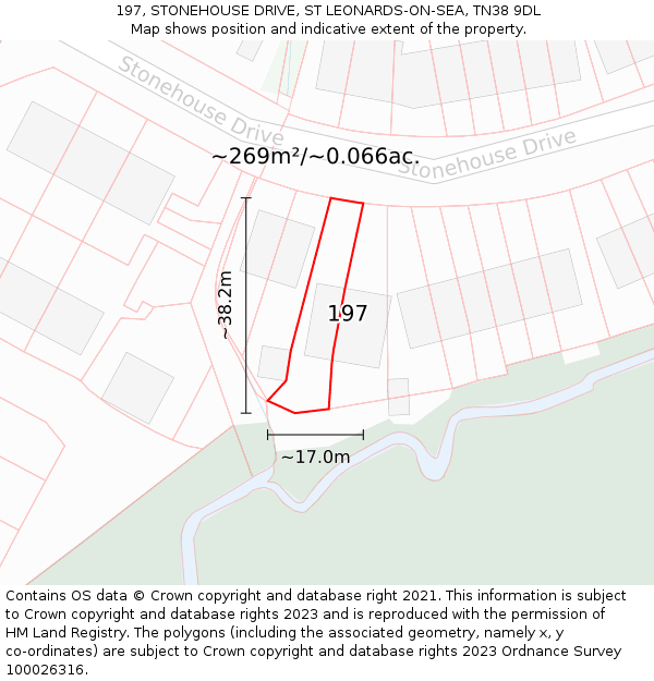 197, STONEHOUSE DRIVE, ST LEONARDS-ON-SEA, TN38 9DL: Plot and title map