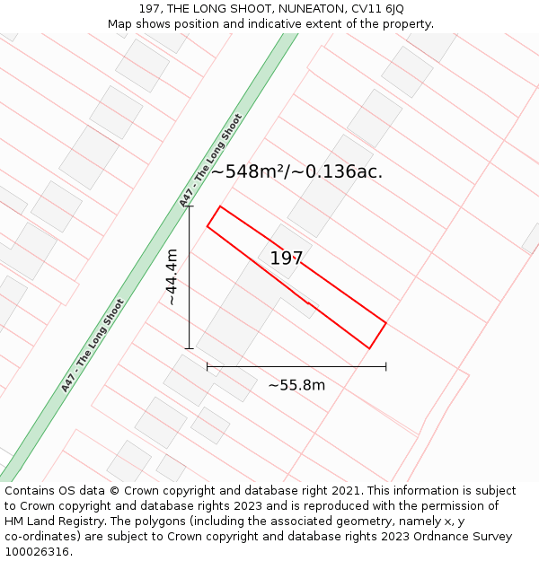 197, THE LONG SHOOT, NUNEATON, CV11 6JQ: Plot and title map
