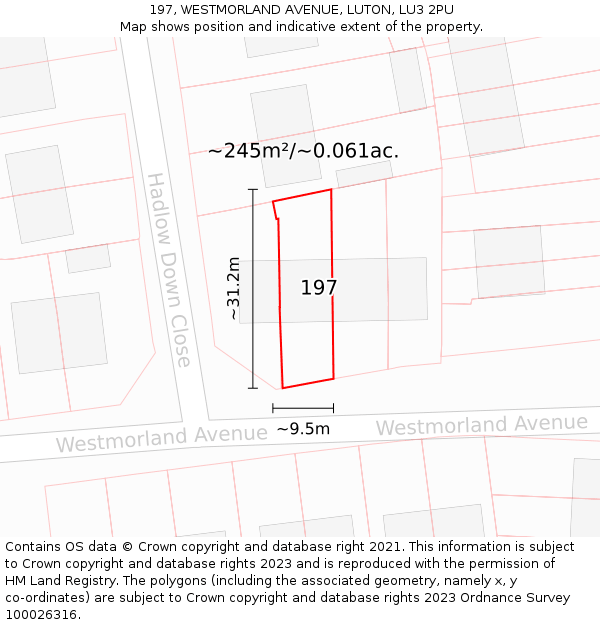 197, WESTMORLAND AVENUE, LUTON, LU3 2PU: Plot and title map