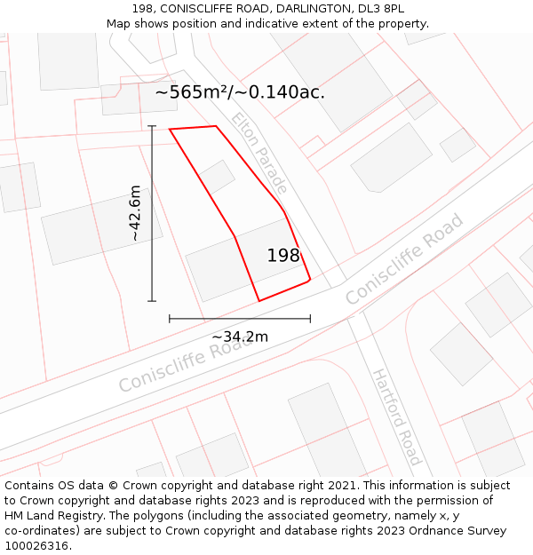 198, CONISCLIFFE ROAD, DARLINGTON, DL3 8PL: Plot and title map