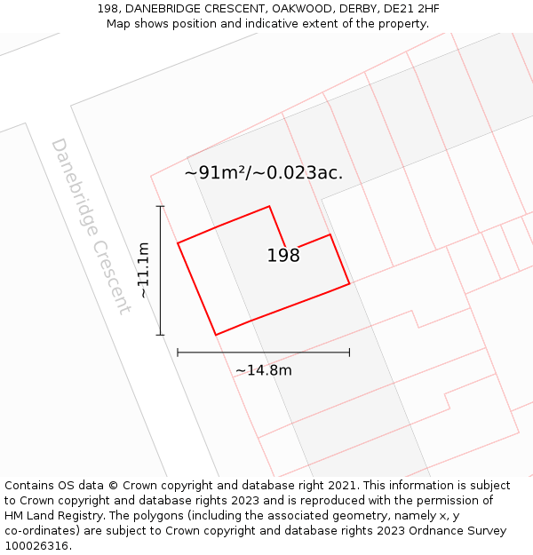198, DANEBRIDGE CRESCENT, OAKWOOD, DERBY, DE21 2HF: Plot and title map