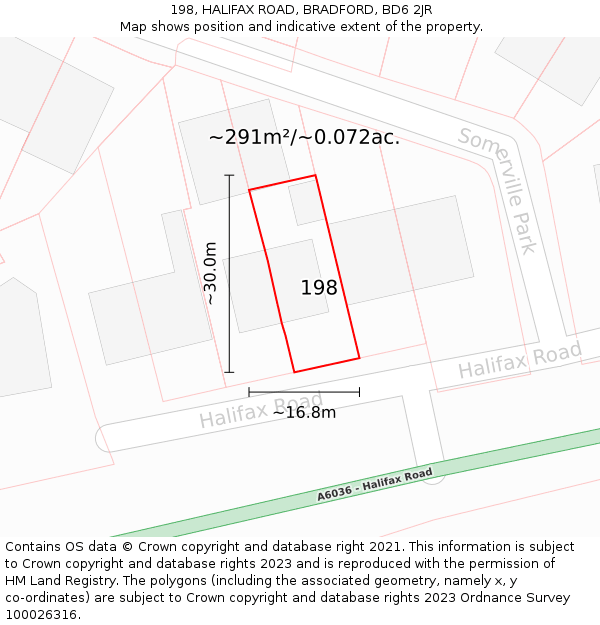 198, HALIFAX ROAD, BRADFORD, BD6 2JR: Plot and title map